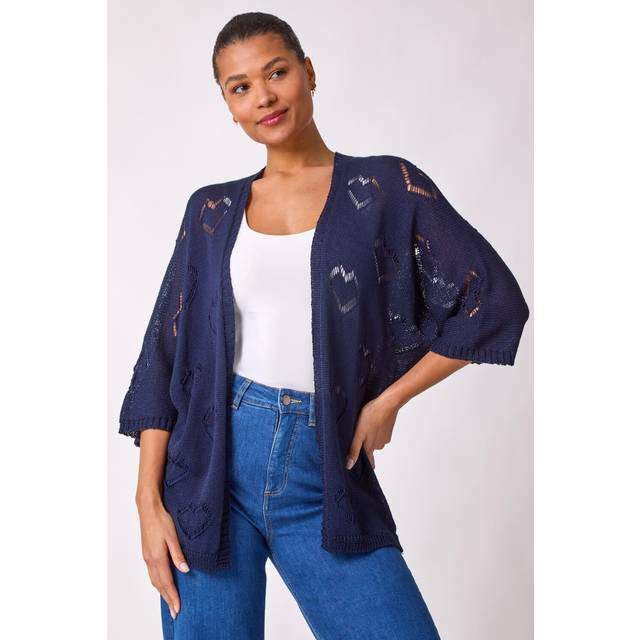 Pointelle Heart Knit Cardigan - Navy - L