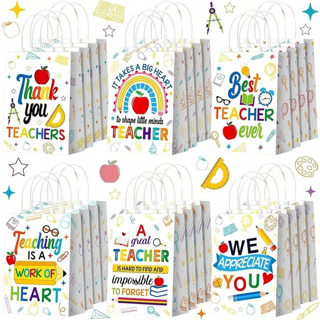 SHEIN 2pcs/6pcs/12pcs/24pcs Paper Teacher Appreciation Gift Bags - &#34;Thank You Teacher&#34; Party Favor Bags With Apple, Pencil, Ruler Design, Handles - Suitable