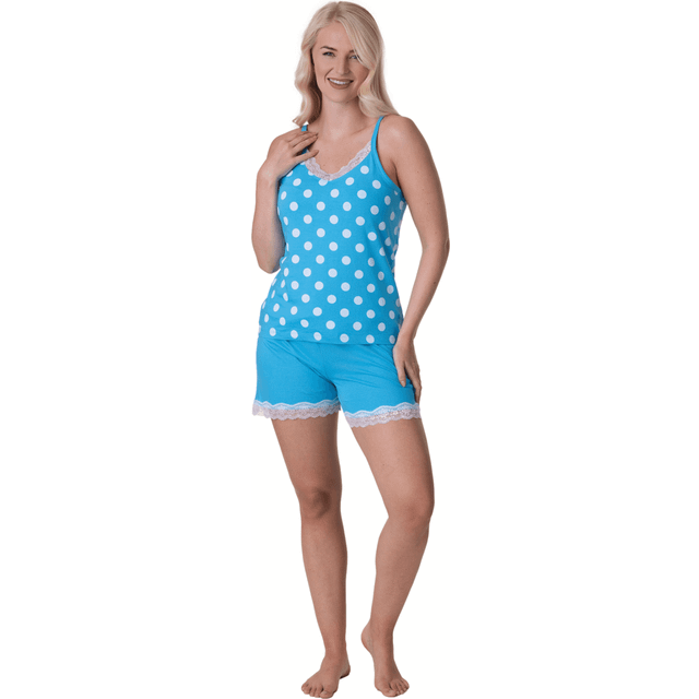 Lightweight 100% Cotton Spot Printed Sleeveless Top Pyjama Set With Lace Detailing - Aqua - 12-14