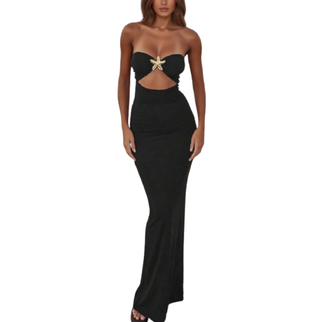 SHEIN Women&#39;s Sexy Hollow-Out Bandeau Starfish Metal Decor Bodycon Maxi Dress, Long Backless Y2K Elegant Evening Party Wedding Guest Cocktail Gown, Classy C