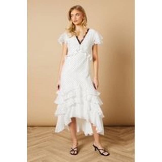 White OASIS Spot Ruffle Tiered Lace Midi Dress (12)
