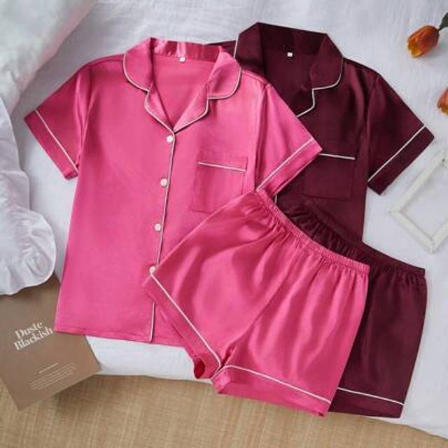 SHEIN 4-Piece Faux Silk Pajama Set With Collar Cardigan, Short Sleeve And Shorts