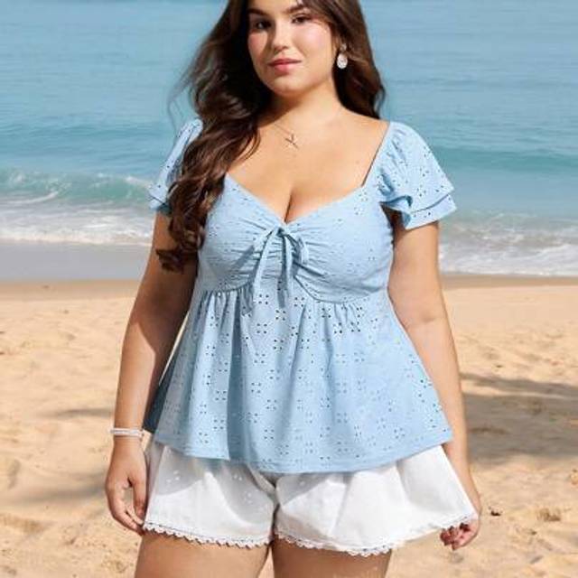 SHEIN Plus Size Solid Color Sweetheart Collar Embroidered Ruffle Cap Sleeve T-Shirt