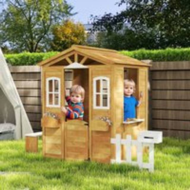 Outsunny Wooden Outdoor Playhouse w/ Door Windows Bench for Kids Children, Yellow