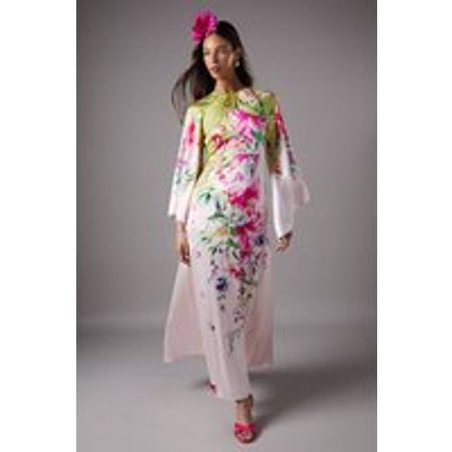 Long Sleeve Satin Printed Maxi Dress - Green - 14