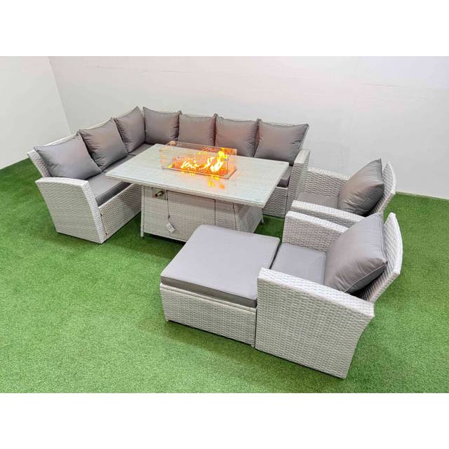 8-Seater Weather-Resistant Rattan Corner Dining Set with Fire Pit Table - Modern Grey | Wowcher