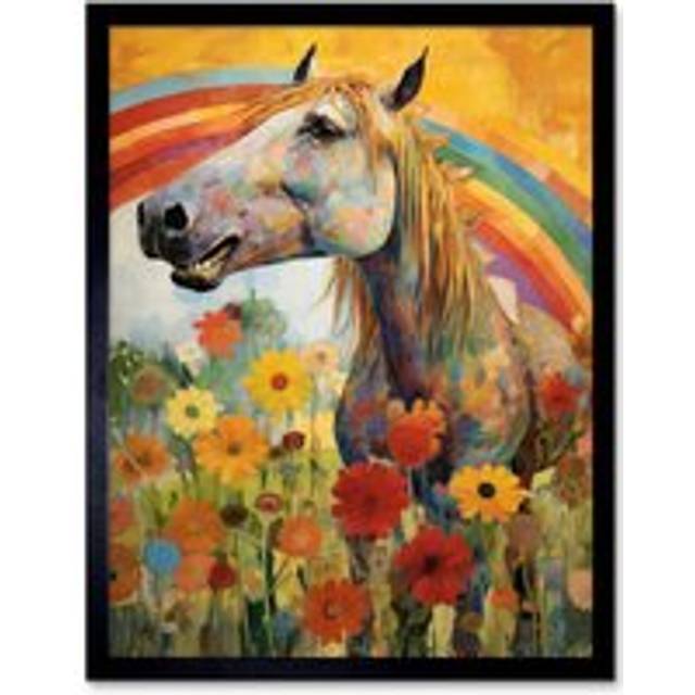 Wall Art Print Girls Bedroom Nursery Artwork Rainbow Horse With Flowers Bright Colourful Happy Art Framed - Black - W12 inch x H16 inch