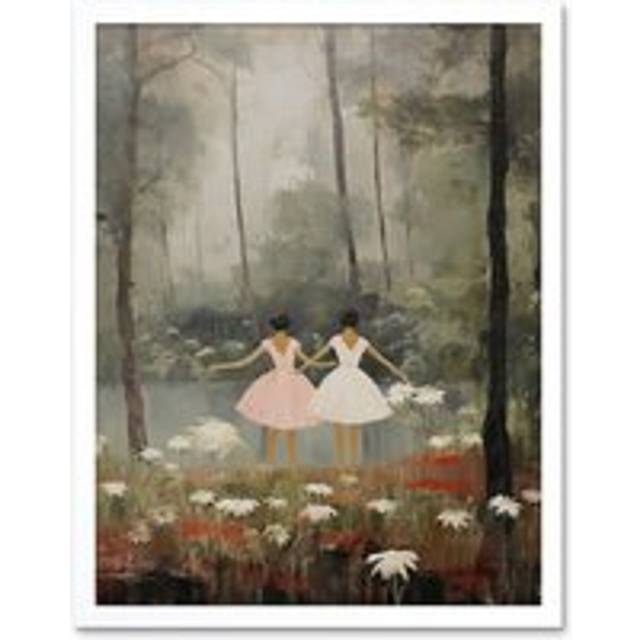 Wall Art Print Forest Ballet Oil Painting Kids Bedroom Ballerinas Gracefully Dancing by a Lake Art Framed - White - W12 inch x H16 inch