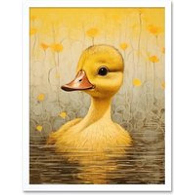 Wall Art Print Yellow Duckling Kids Bedroom Baby Nursery Calm Elegant Artwork Art Framed - White - W12 inch x H16 inch