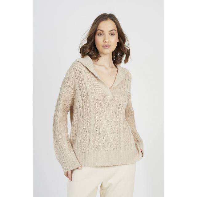 Brave Soul Womens Stone V-Neck Cable Knit Jumper - Size Medium