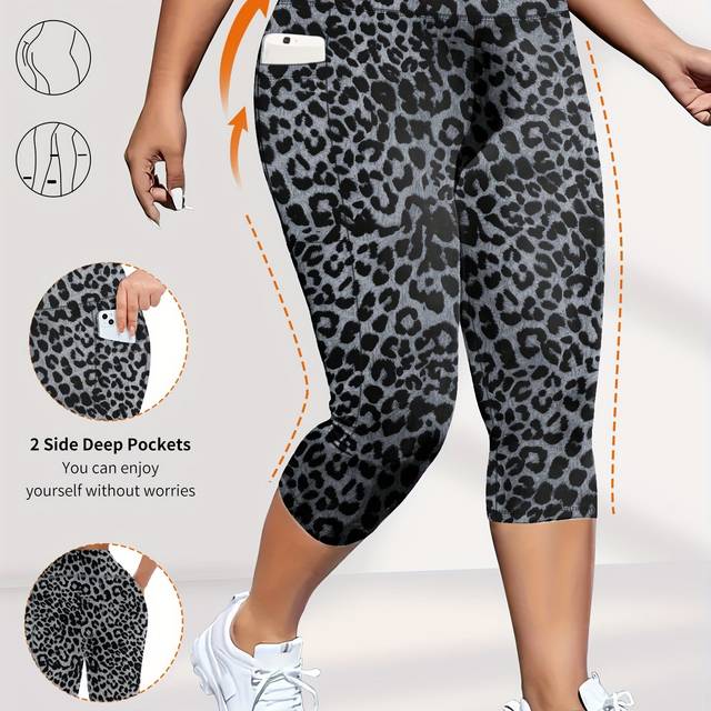 TEMU Women's High-waist Leopard Print Capri Leggings With Side Pockets - Stretchy, Comfortable, And Stylish For Spring/summer/fall, Autumn Clothing | Leopard Print Leggings |