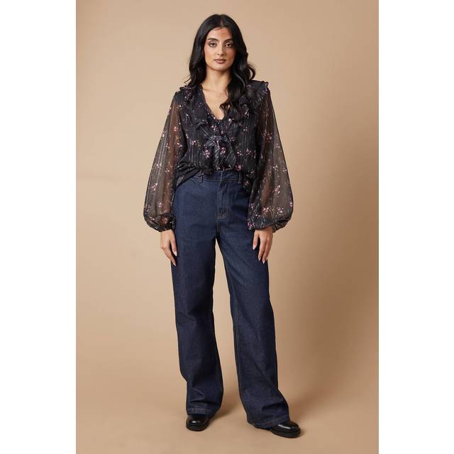Floral Metallic Chiffon Ruffle Blouse - Black - 14,12,10,8,6