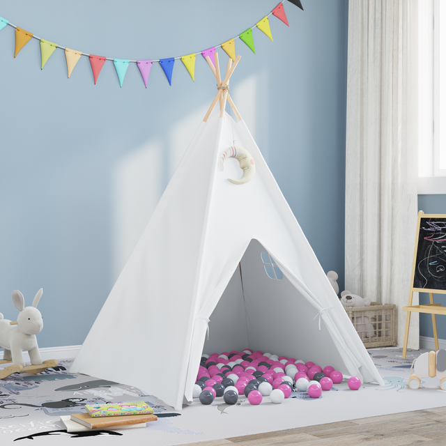 vidaXL Barn Teepee Tält med Väska Persika & Lekbollar Skinn Vit