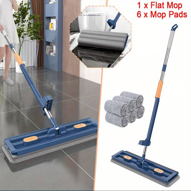 TEMU Large Flat Squeeze Microfiber Mop 360° Rotatable Wringing Mop + 6 Pad