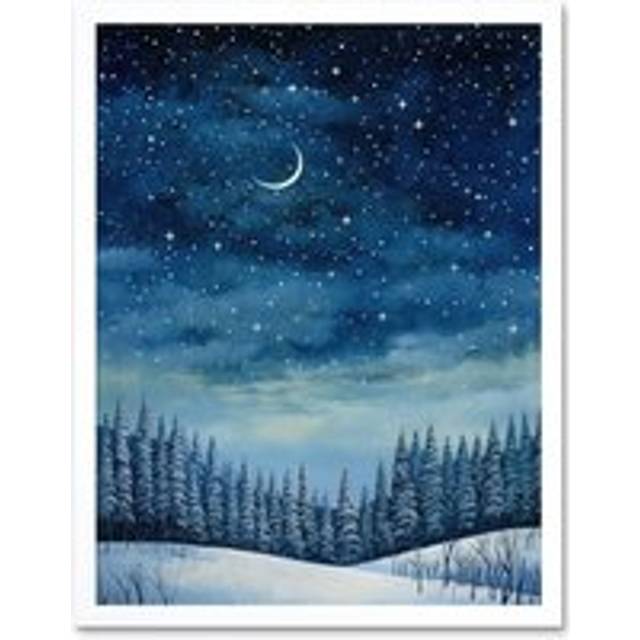 Wall Art Print Clear Sky Starry Night in Forest Covered with Snow Oil Painting Crescent Moon Winter Landscape Art Framed - White - W12 inch x H16 inch