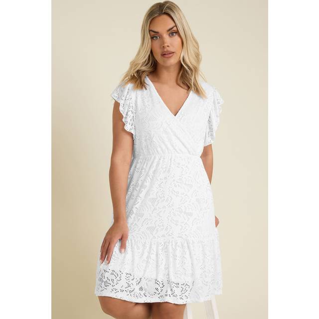 Yours Curve White Broderie Anglaise Wrap Mini Dress, Women's Curve & Plus Size, Yours - 26-28