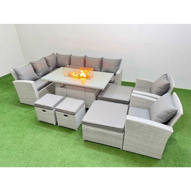 Outdoor Furniture Garden Dining Set Rattan Corner Sofa Chair Sets Gas Fire Pit Table with Temper Glass Footstools Light Grey Mixed - Fimous