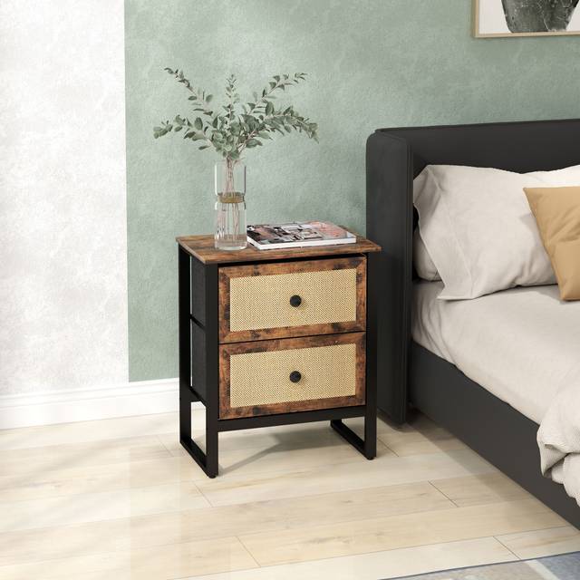 TEMU Bedside Table, Side Table With 2 Rattan Drawers, Bedside Cabinet With Storage And Steel Legs For Bedroom, Living Room, Rustic Brown
