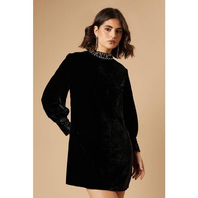 Oasis womens mini dress velvet embellished dobby swing black long sleeve