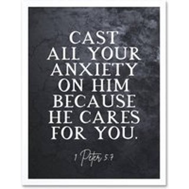 Wall Art Print 1 Peter 5:7 Cast All Your Anxiety On Him Christian Bible Verse Quote Scripture Typography Art Framed - White - W12 inch x H16 inch