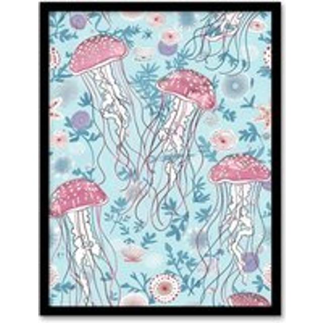 Underseas Jellyfish Flowers Baby Blue Pink Design Framed Wall Art - W12 inch x H16 inch