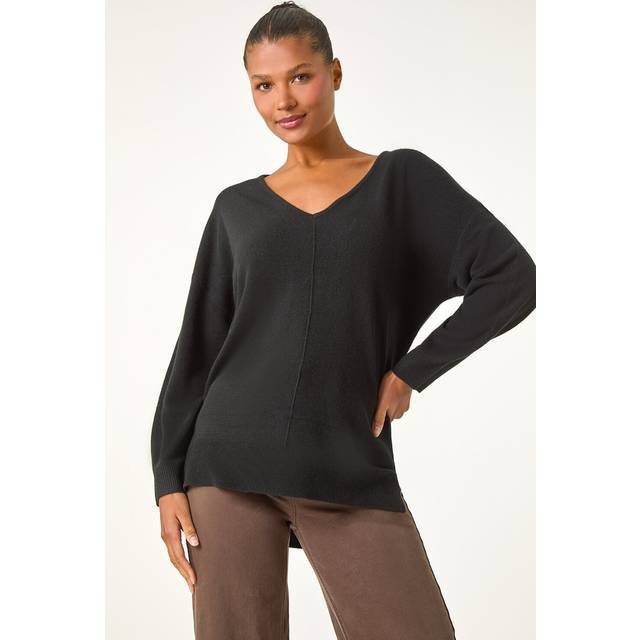 Roman Soft V-Neck Side Split Knit Sweater In Black - 10