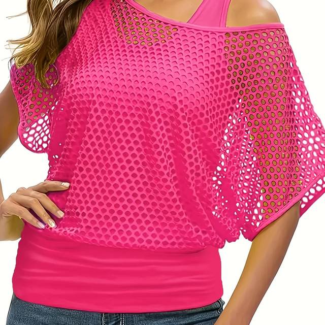 TEMU Women's Sheer Mesh Off-shoulder Tank Top, Lightweight & Breathable Fake Two-piece Top, Summer & Spring Outfits, Casual Wear|vibrant Fashion|offshouldtoe Top, Summer Fashion Top