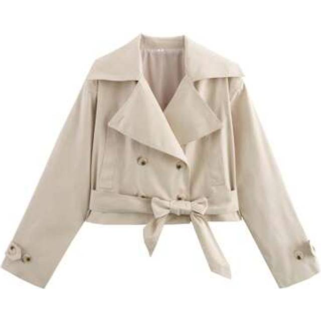 SHEIN Spring/Autumn Solid Color Double Breasted Belted Collar Short Trench Coat