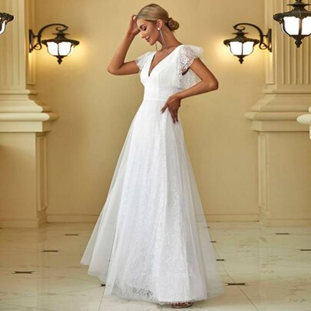 SHEIN Sexy Ruffle Sheer Short Sleeves Lace Trim Backless Wedding Dress White Bridal Dress,Bride
