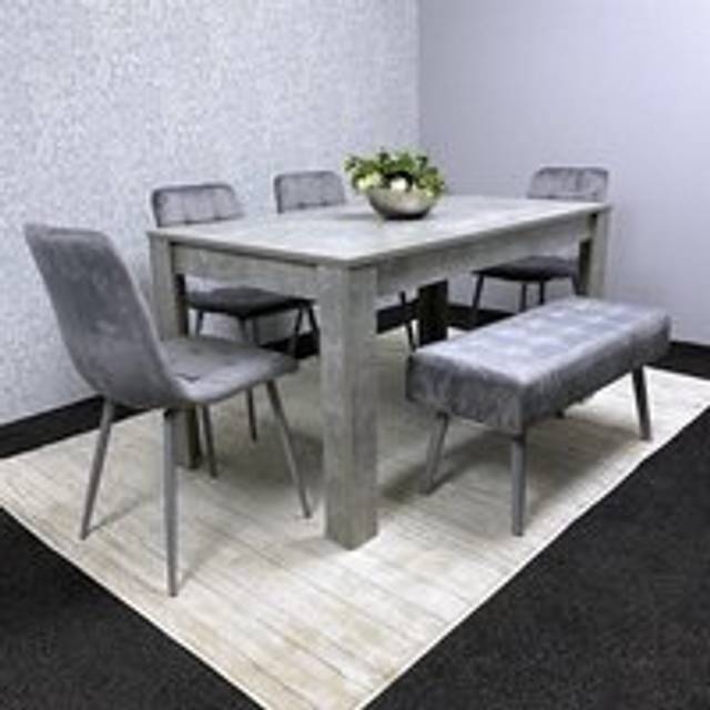 Kosy Koala Dining Table(117X77X75) And 4 Chairs With Bench Stone Grey Effect Wood Table 4 Grey Velvet Chairs, Grey