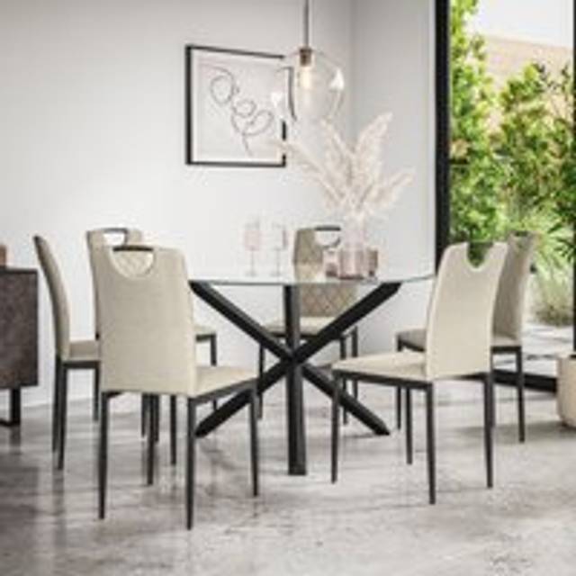 (Beige) Malvern Round Glass Dining Table Set w Black Oak Legs w 4-6 Monza Linen Chair