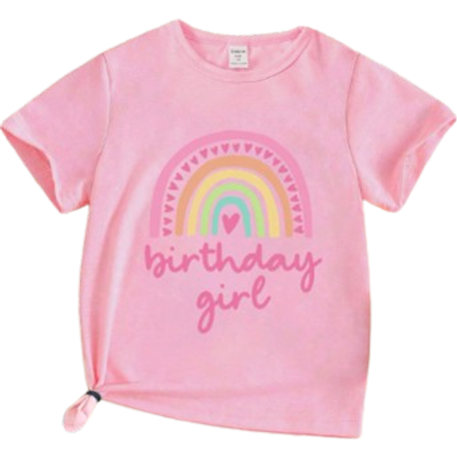 SHEIN 1pc Young Girl&#39; Casual Cute Rainbow Heart Birthday Girl Slogan Graphic Round Neck Short Sleeve T-Shirt, Birthday Gift & Party Wear