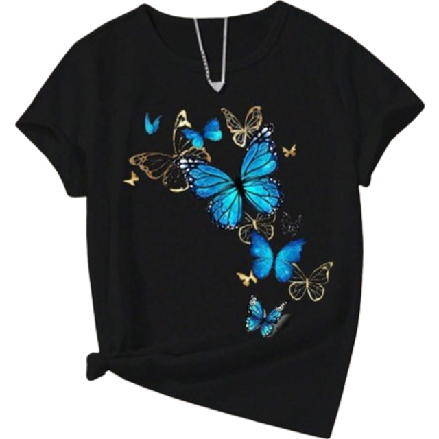 SHEIN Tween Girl Round Neck Short Sleeve Butterfly Print Simple T-Shirt, Casual Daily Wear