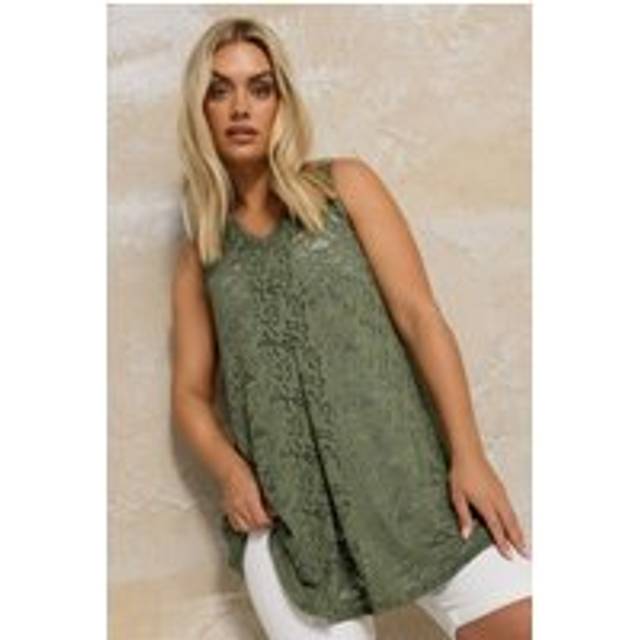 Yours Curve Khaki Green Broderie Anglaise Pleat Front Vest Top, Women's Curve & Plus Size, Yours - 20