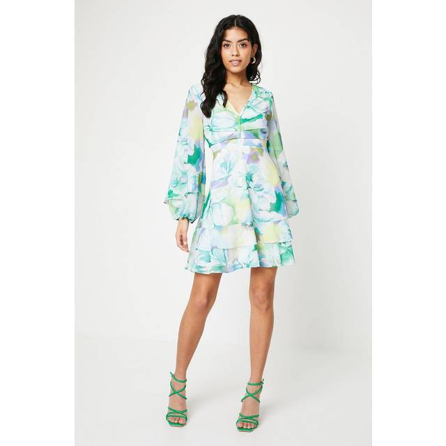 Oasis Womens Petite Blurred Floral Corsage Tiered Mini Dress - Blue - Size 10 UK