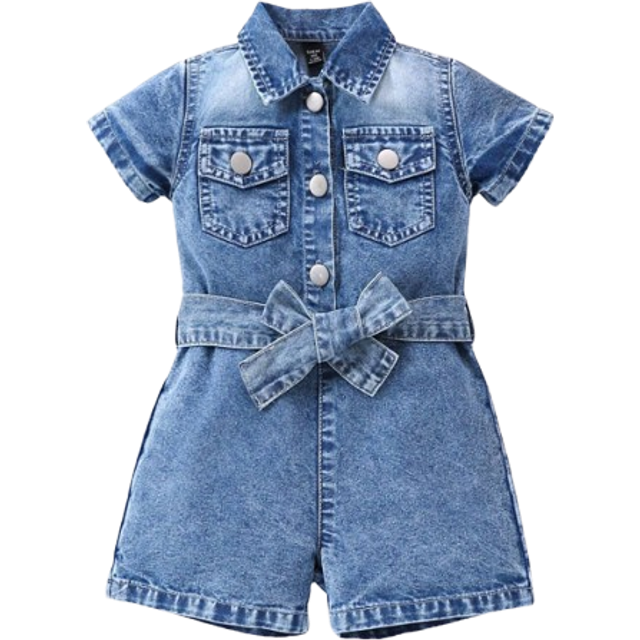 SHEIN Baby Girl Basic Casual Middle Blue Wash Water Belted Denim Romper