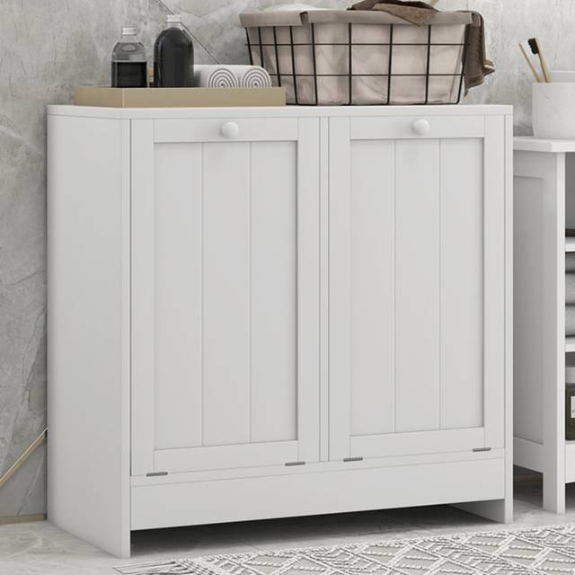 Kleankin Tilt-out Laundry Storage Cabinet With 2 Compartment Hampers, White, White