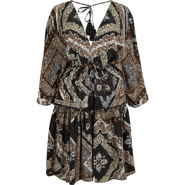 Womens Satin Scarf Print Kaftan Mini Dress - Black - 14