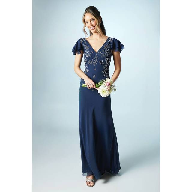 Trailing floral Tie Back Embellished Bridesmaid Dress - Navy - 8