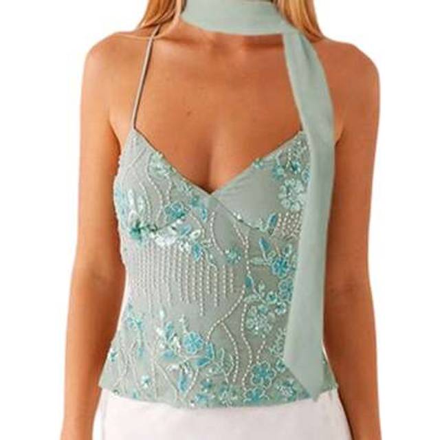 SHEIN Women Camisoles Sequins Beaded Flower Embroidery V-Neck Casual Tank Tops Summer Fashion Sleeveless Tops With Choker Scarf