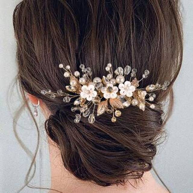 SHEIN 1pc Women Elegant Handmade Metal Leaf & Clay Flower With Faux Pearl Hair Comb, Bridal Hair Accessories For Wedding, Party