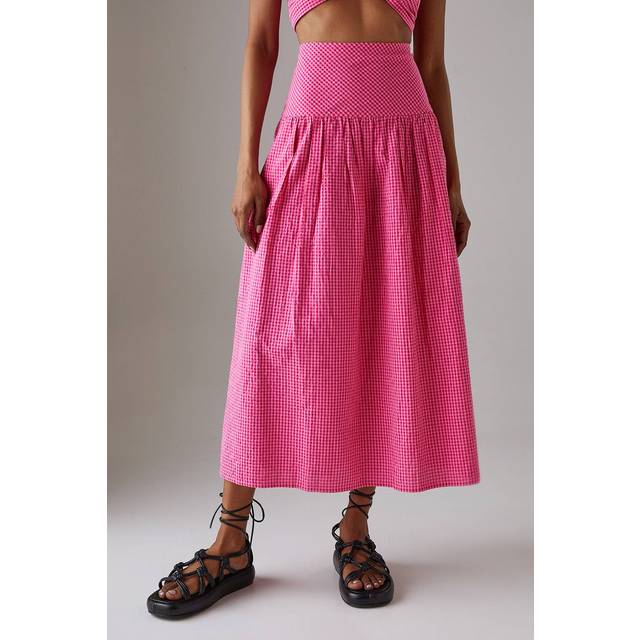 Womens Gingham High Waisted Midi Skirt - Pink - 14