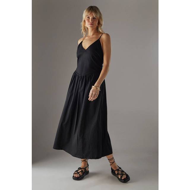Womens Linen Blend Plunge Neck Midi Sundress - black - Black - 8