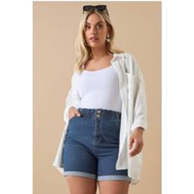 Yours Curve Mid Blue Elasticated Waist Turn Up Denim Shorts, Women's Curve & Plus Size, Yours - 26