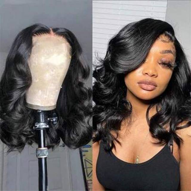 SHEIN 13*4 Front Lace Wig (Bob Wigs 6-16inch ) Blended Hair Body Wave Long Hair Black Natural Color With Bob Around Baby Hair, No Glue No Skills Natural Hai