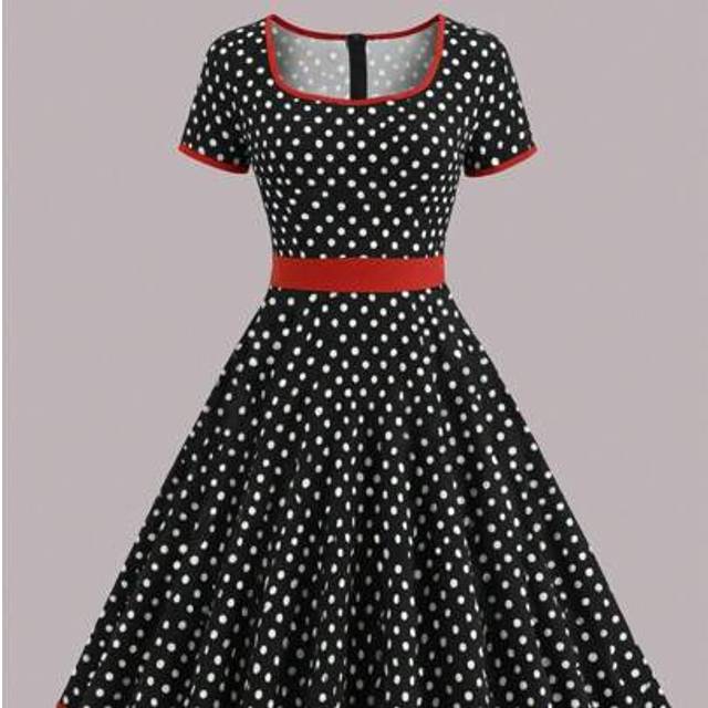 SHEIN Elegant Square Neck Short Sleeve Polka Dot Zip Up Pleated Dress For Women, Summer