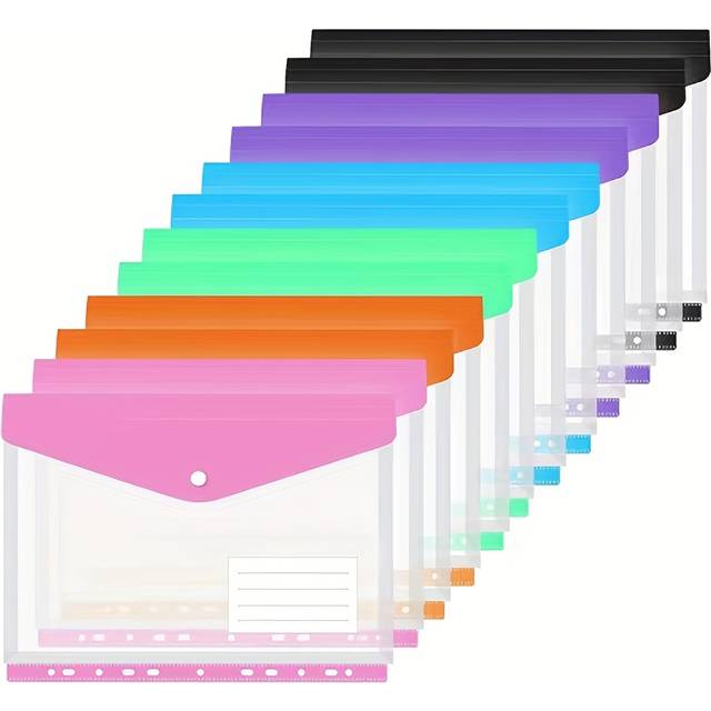 TEMU 12 A4 Binder Pocket Plastic Envelopes, Binder Folders, 11 Hole Expand Binder Folders, 6 Color Stereoscopic Transparent File Bags With Record Labels, Suitable For Office, School And Home