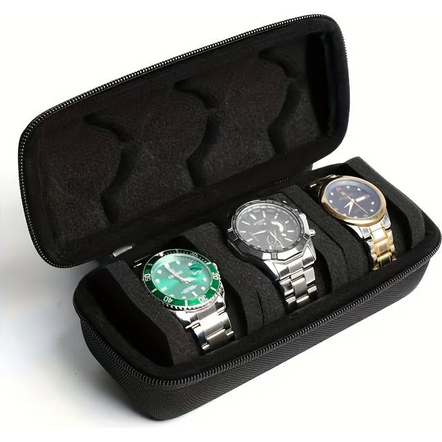 TEMU 3 Slots Hard Watch Travel Case, Watch Roll Case Storage And Organizer For Men And Women, With Anti Move Watch Pillow (black Fabric 3slots), For Gifts