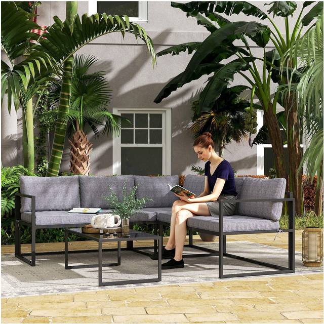 Outsunny 3 Piece L Shaped Garden Furniture Set with Cushions, Grey, Grey