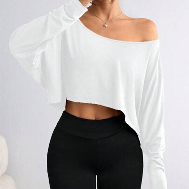 Flirla Women Asymmetric Collar Long Sleeve Cropped Casual T-Shirt, Solid Color, Autumn